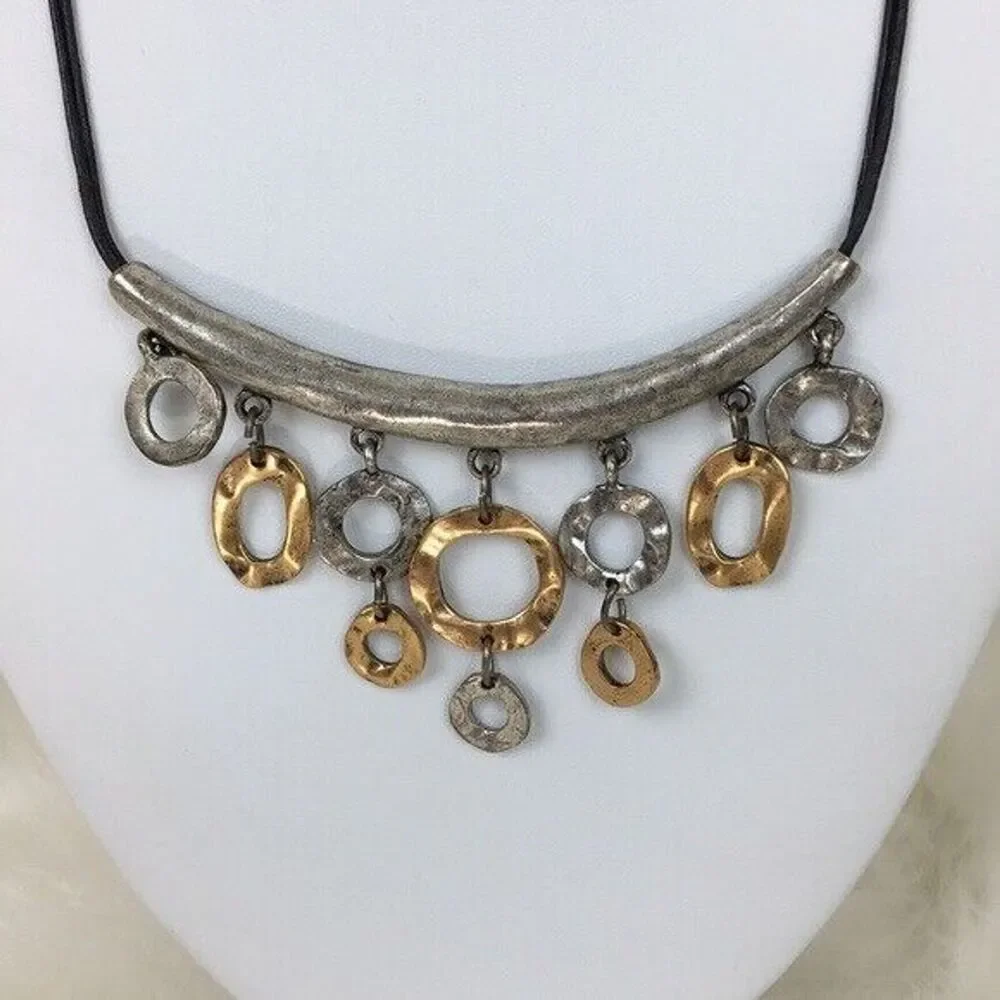 Chicos Necklace Funky Geometric Mixed Metal Hammered Articulated Statement Artsy